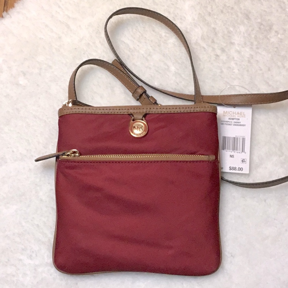 MICHAEL KORS Kempton Cherry Nylon Small Pocket Crossbody Bag - NWT Leather trim